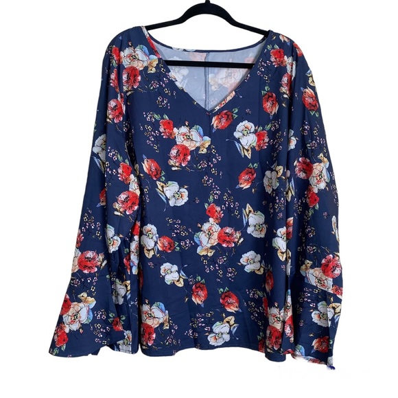 SHEIN Emery Rose Plus Navy Blue Floral Print Flounce Sleeve Long Sleeve Blouse - Picture 5 of 11